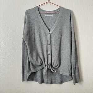 Abercrombie & Fitch ribbed knit V-neck button up tie top long sleeve gray